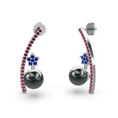 Siyah inci, rodolit garnet ve lab safir 8 ayar beyaz altın küpe