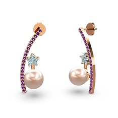 Lenta İnci Küpe - Pembe inci, ametist ve akuamarin 925 ayar rose altın kaplama gümüş küpe #16e49sz