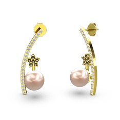 Lenta İnci Küpe - Pembe inci, swarovski ve dumanlı kuvars 18 ayar altın küpe #16ed57w