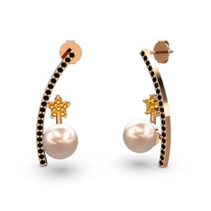 Lenta İnci Küpe - Pembe inci, siyah zirkon ve sitrin 925 ayar rose altın kaplama gümüş küpe #16iyocq