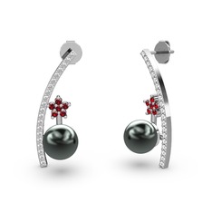 Siyah inci, beyaz zirkon ve garnet 14 ayar beyaz altın küpe