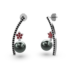 Siyah inci, siyah zirkon ve garnet 14 ayar beyaz altın küpe