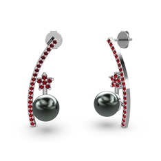 Siyah inci ve garnet 14 ayar beyaz altın küpe