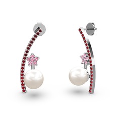 Lenta İnci Küpe - Inci, garnet ve pembe kuvars 8 ayar beyaz altın küpe #189i2yi