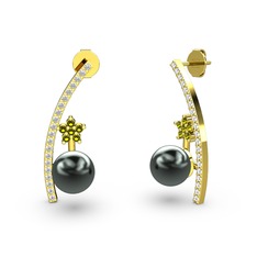 Lenta İnci Küpe - Siyah inci, swarovski ve peridot 18 ayar altın küpe #18i9rcd