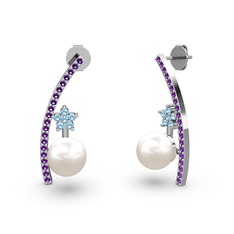 Lenta İnci Küpe - Inci, ametist ve akuamarin 14 ayar beyaz altın küpe #18xsi1u