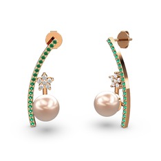 Lenta İnci Küpe - Pembe inci, yeşil kuvars ve beyaz zirkon 14 ayar rose altın küpe #193dpyj