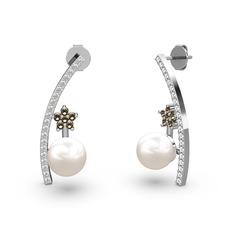 Lenta İnci Küpe - Inci, swarovski ve dumanlı kuvars 8 ayar beyaz altın küpe #1990wjz