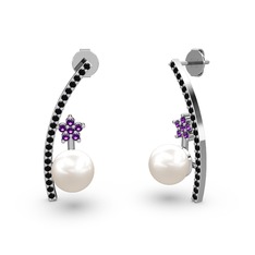 Lenta İnci Küpe - Inci, siyah zirkon ve ametist 8 ayar beyaz altın küpe #19hl9ki