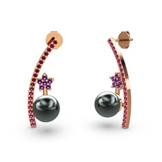 Lenta İnci Küpe - Siyah inci, rodolit garnet ve ametist 8 ayar rose altın küpe #19zp9fd