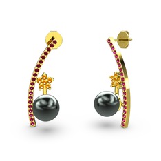 Lenta İnci Küpe - Siyah inci, rodolit garnet ve sitrin 14 ayar altın küpe #1a5145c