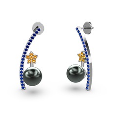 Siyah inci, lab safir ve sitrin 18 ayar beyaz altın küpe