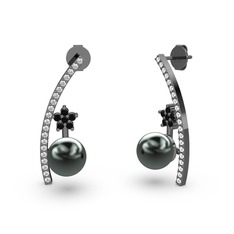 Lenta İnci Küpe - Siyah inci, swarovski ve siyah zirkon 925 ayar siyah rodyum kaplama gümüş küpe #1a6gmfl