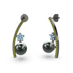 Lenta İnci Küpe - Siyah inci, peridot ve akuamarin 925 ayar siyah rodyum kaplama gümüş küpe #1a6zebo