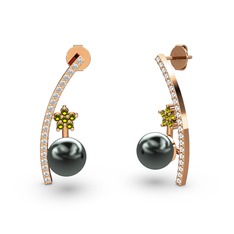 Siyah inci, swarovski ve peridot 8 ayar rose altın küpe