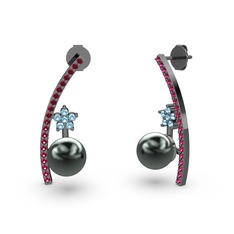 Lenta İnci Küpe - Siyah inci, rodolit garnet ve akuamarin 925 ayar siyah rodyum kaplama gümüş küpe #1ajzas9