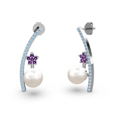 Lenta İnci Küpe - Inci, akuamarin ve ametist 8 ayar beyaz altın küpe #1alt1wh