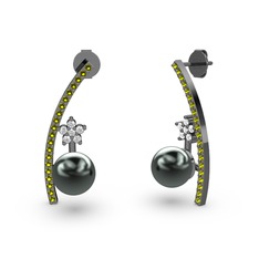 Lenta İnci Küpe - Siyah inci, peridot ve swarovski 925 ayar siyah rodyum kaplama gümüş küpe #1aoamu2