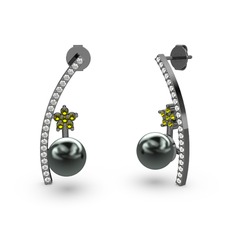 Lenta İnci Küpe - Siyah inci, beyaz zirkon ve peridot 925 ayar siyah rodyum kaplama gümüş küpe #1br21tq