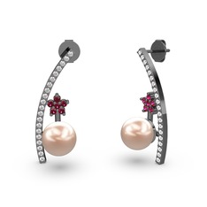 Lenta İnci Küpe - Pembe inci, pırlanta ve rodolit garnet 925 ayar siyah rodyum kaplama gümüş küpe (0.18 karat) #1byc8zm