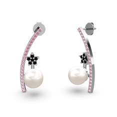 Inci, pembe kuvars ve siyah zirkon 14 ayar beyaz altın küpe