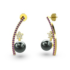 Lenta İnci Küpe - Siyah inci, ametist ve swarovski 8 ayar altın küpe #1czgls7
