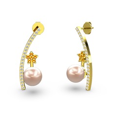 Pembe inci, swarovski ve sitrin 14 ayar altın küpe