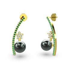 Lenta İnci Küpe - Siyah inci, yeşil kuvars ve swarovski 8 ayar altın küpe #1d6fska