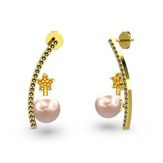 Lenta İnci Küpe - Pembe inci, dumanlı kuvars ve sitrin 14 ayar altın küpe #1dgvkw7