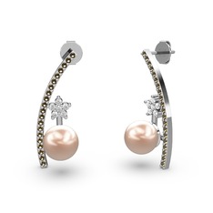 Lenta İnci Küpe - Pembe inci, dumanlı kuvars ve swarovski 18 ayar beyaz altın küpe #1drbv1u