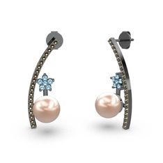 Lenta İnci Küpe - Pembe inci, dumanlı kuvars ve akuamarin 925 ayar siyah rodyum kaplama gümüş küpe #1dvv4im