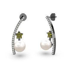 Lenta İnci Küpe - Inci, beyaz zirkon ve peridot 925 ayar siyah rodyum kaplama gümüş küpe #1e102jg