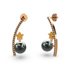 Lenta İnci Küpe - Siyah inci, dumanlı kuvars ve sitrin 14 ayar rose altın küpe #1e13g96