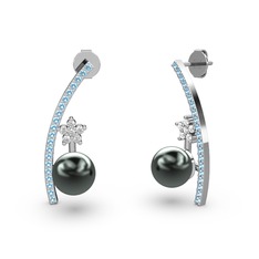 Lenta İnci Küpe - Siyah inci, akuamarin ve swarovski 14 ayar beyaz altın küpe #1e3hwtg
