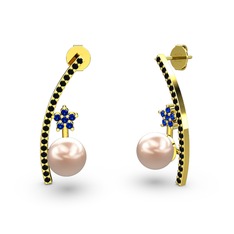 Lenta İnci Küpe - Pembe inci, siyah zirkon ve lab safir 14 ayar altın küpe #1f6kj0m