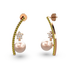 Pembe inci, peridot ve beyaz zirkon 18 ayar rose altın küpe