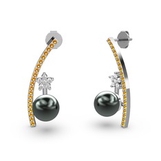 Siyah inci, sitrin ve swarovski 8 ayar beyaz altın küpe