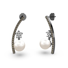 Lenta İnci Küpe - Inci, dumanlı kuvars ve pırlanta 925 ayar siyah rodyum kaplama gümüş küpe (0.44 karat) #1frqwa7