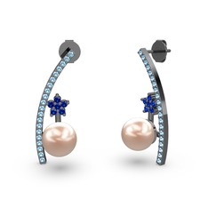 Lenta İnci Küpe - Pembe inci, akuamarin ve lab safir 925 ayar siyah rodyum kaplama gümüş küpe #1fwn2fg