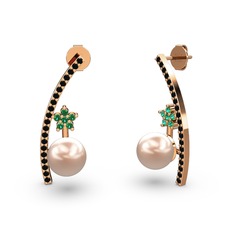 Lenta İnci Küpe - Pembe inci, siyah zirkon ve yeşil kuvars 18 ayar rose altın küpe #1gq67ey