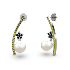 Inci, peridot ve siyah zirkon 14 ayar beyaz altın küpe