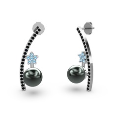 Lenta İnci Küpe - Siyah inci, siyah zirkon ve akuamarin 18 ayar beyaz altın küpe #1he9fbo