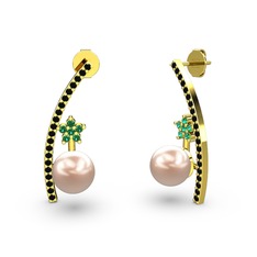 Lenta İnci Küpe - Pembe inci, siyah zirkon ve yeşil kuvars 14 ayar altın küpe #1hh2hfb