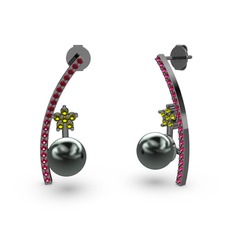 Lenta İnci Küpe - Siyah inci, rodolit garnet ve peridot 925 ayar siyah rodyum kaplama gümüş küpe #1hhlhlb