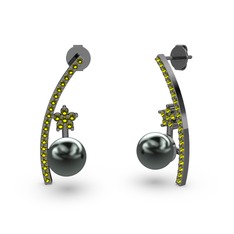 Lenta İnci Küpe - Siyah inci ve peridot 925 ayar siyah rodyum kaplama gümüş küpe #1hob8lu