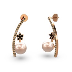 Lenta İnci Küpe - Pembe inci, dumanlı kuvars ve siyah zirkon 18 ayar rose altın küpe #1i7nzxt