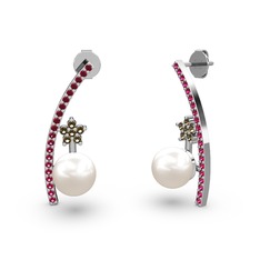 Lenta İnci Küpe - Inci, rodolit garnet ve dumanlı kuvars 14 ayar beyaz altın küpe #1ib06jx