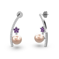 Lenta İnci Küpe - Pembe inci, swarovski ve ametist 8 ayar beyaz altın küpe #1ieuvtb