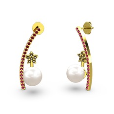 Lenta İnci Küpe - Inci, rodolit garnet ve dumanlı kuvars 8 ayar altın küpe #1im44z8