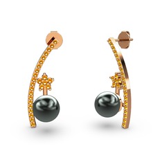 Lenta İnci Küpe - Siyah inci ve sitrin 8 ayar rose altın küpe #1itd09k